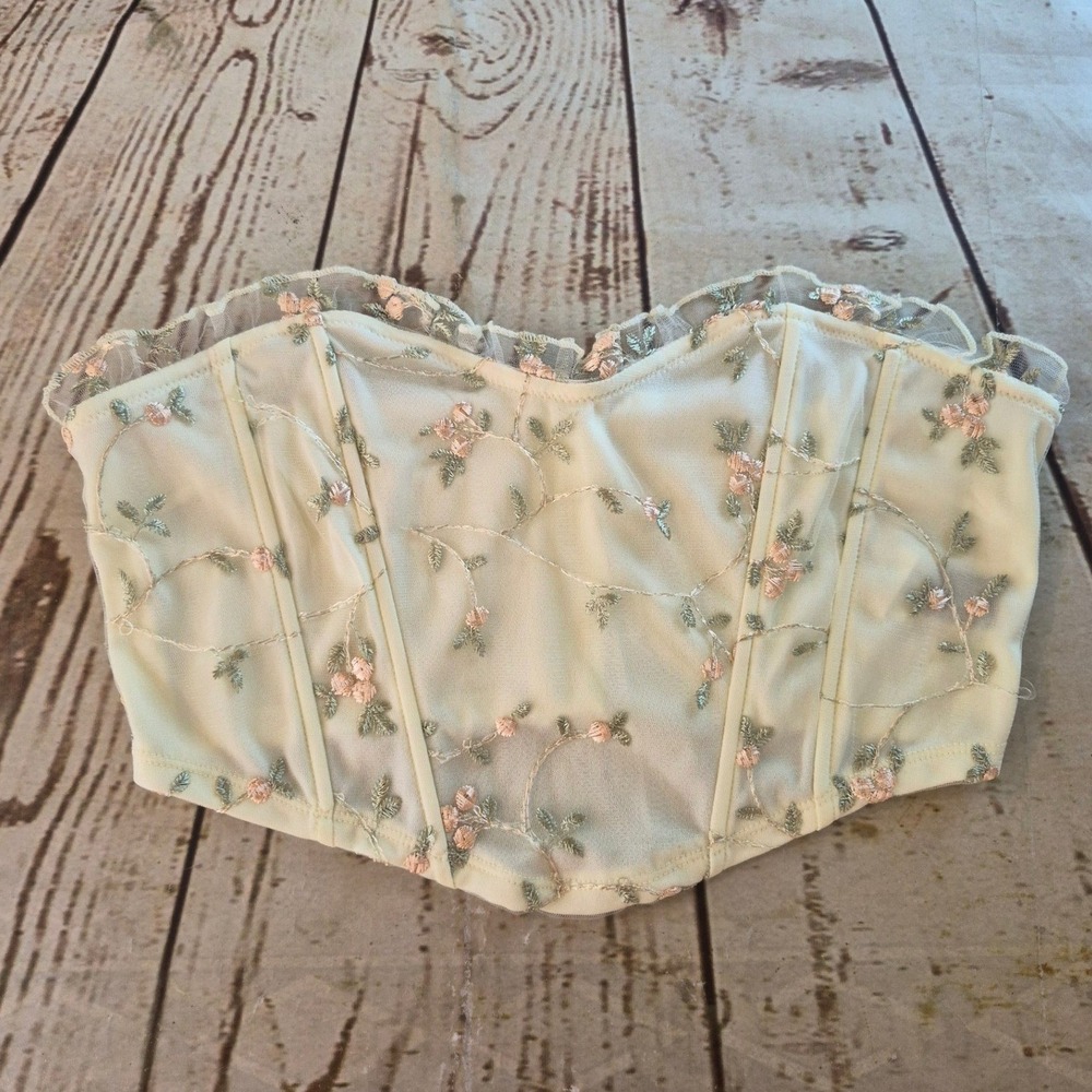 SHEIN Floral Embroidered Mesh Corset Top Cream Pink Sweetheart Bustier Size M